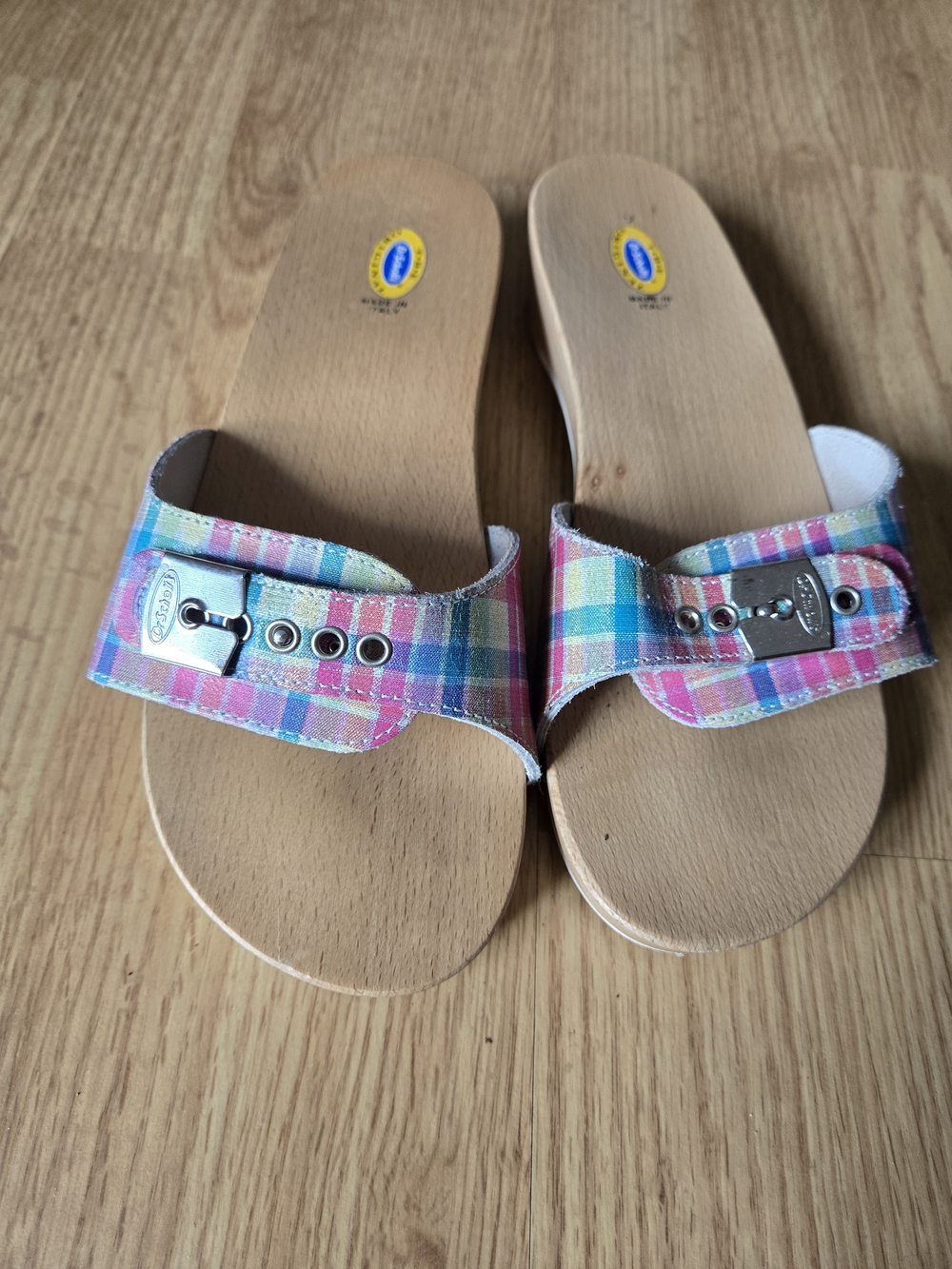 Womens Dr Scholls Size 10 Pastel Plaid Slide Sandals Original Exercise Wood Sole